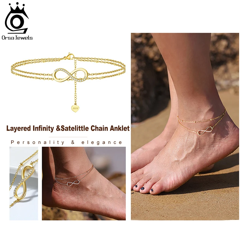 ORSA JEWELS 925 Sterling Silver Fashion Layered Infinity & Satellite Chain Anklet 20+5cm Extension  Jewelry For Woman Gift SA16