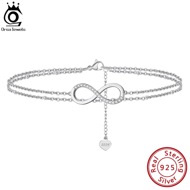 ORSA JEWELS 925 Sterling Silver Fashion Layered Infinity & Satellite Chain Anklet 20+5cm Extension  Jewelry For Woman Gift SA16