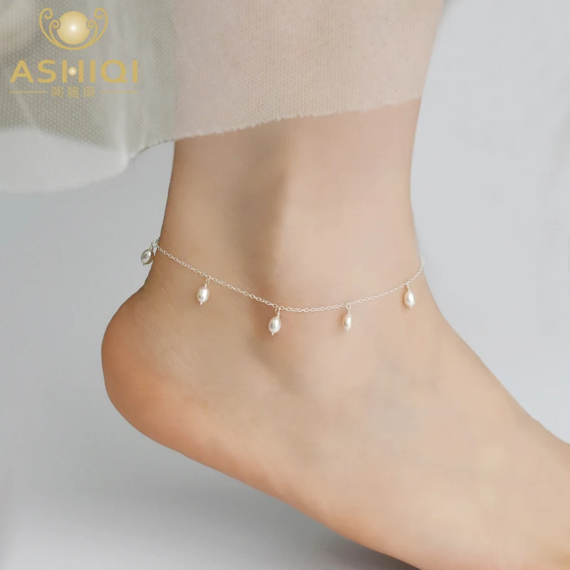 ASHIQI Natural Freshwater Pearl 925 Sterling Silver Anklets for Women 3-4mm pearl Foot Jewelry Silver Female Leg Chain