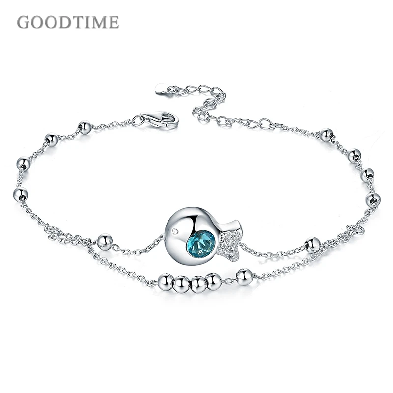 Fashion Pure 925 Sterling Silver Anklet Fish Crystal Anklet Round Beads Anklets For Women Ankle Bracelet Foot Chain Girl Jewelry