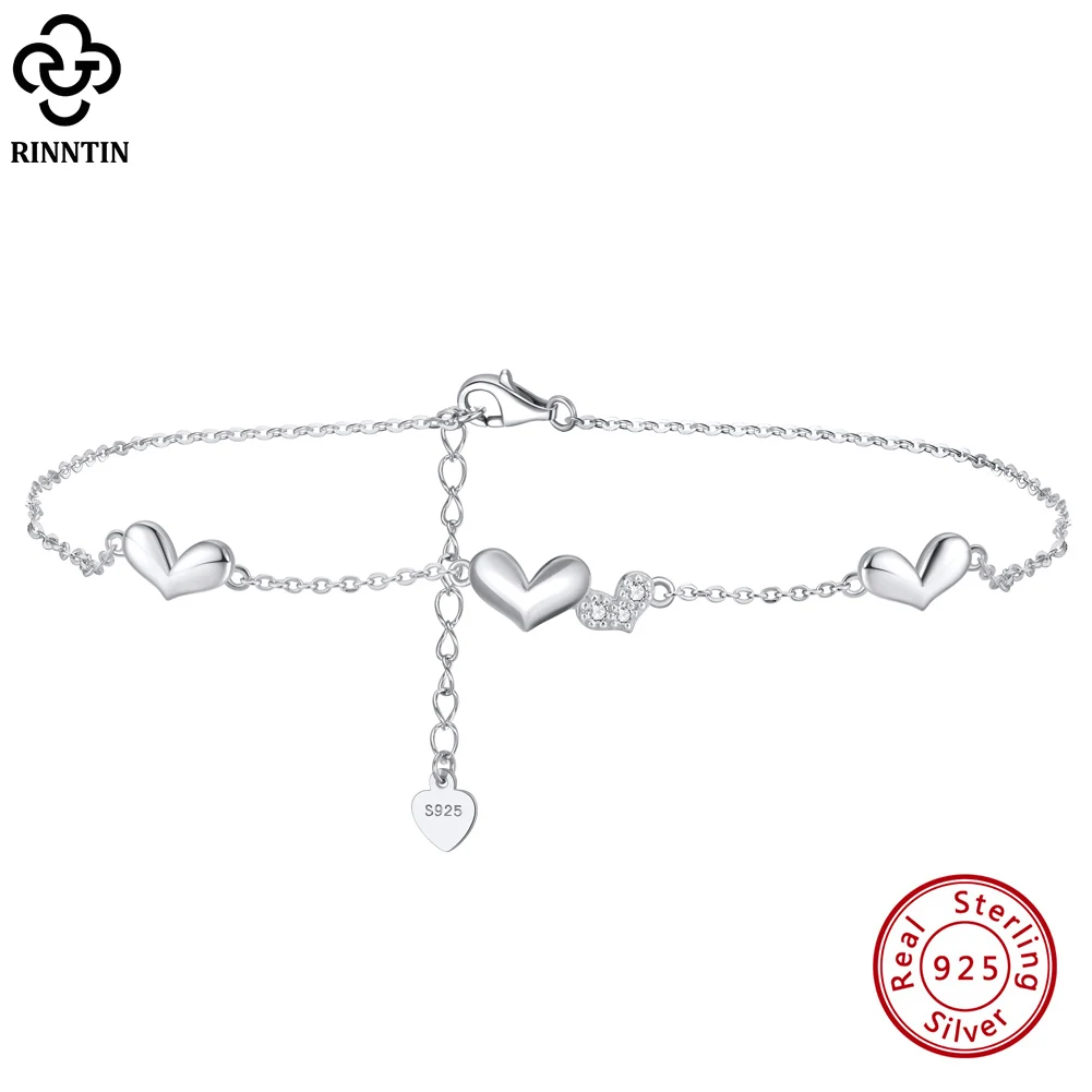 Rinntin Love Heart Chain Anklets for Women 925 Sterling Silver Fashion Summer 14K Gold Foot Bracelet Ankle Straps Jewelry SA30