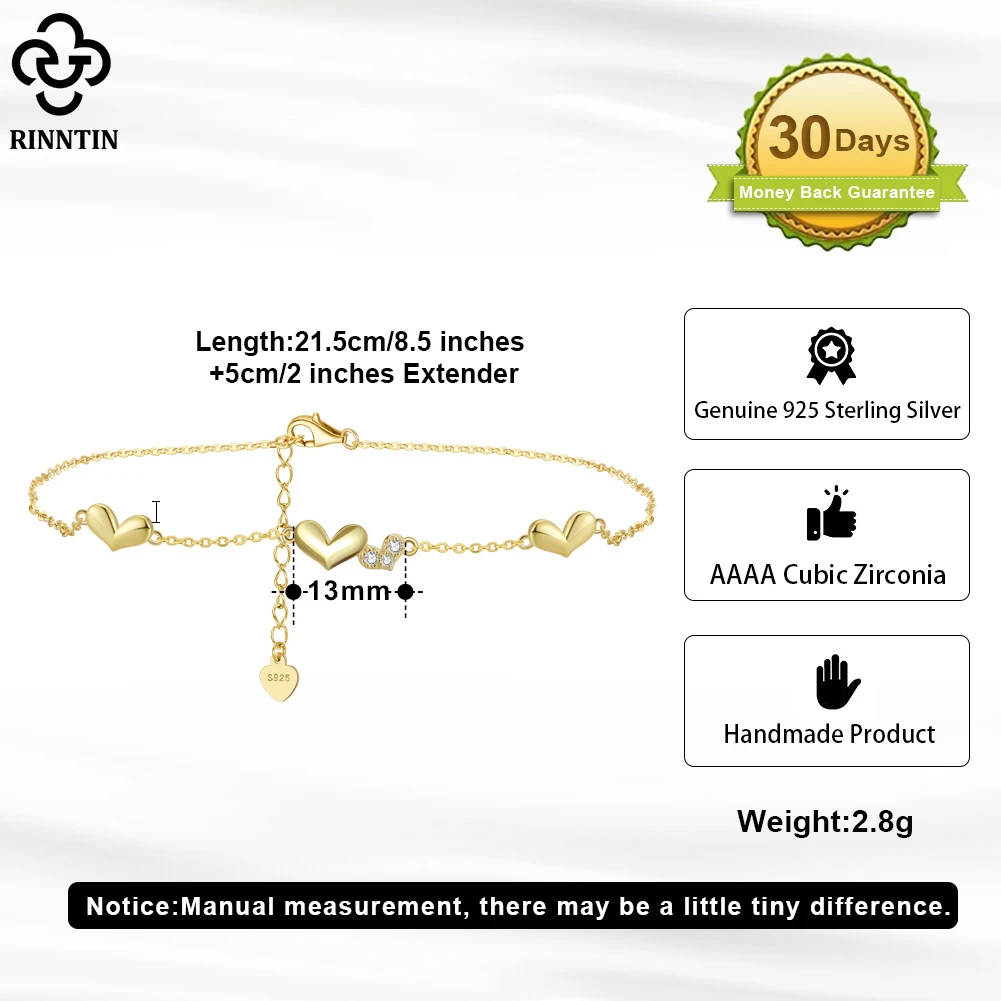 Rinntin Love Heart Chain Anklets for Women 925 Sterling Silver Fashion Summer 14K Gold Foot Bracelet Ankle Straps Jewelry SA30