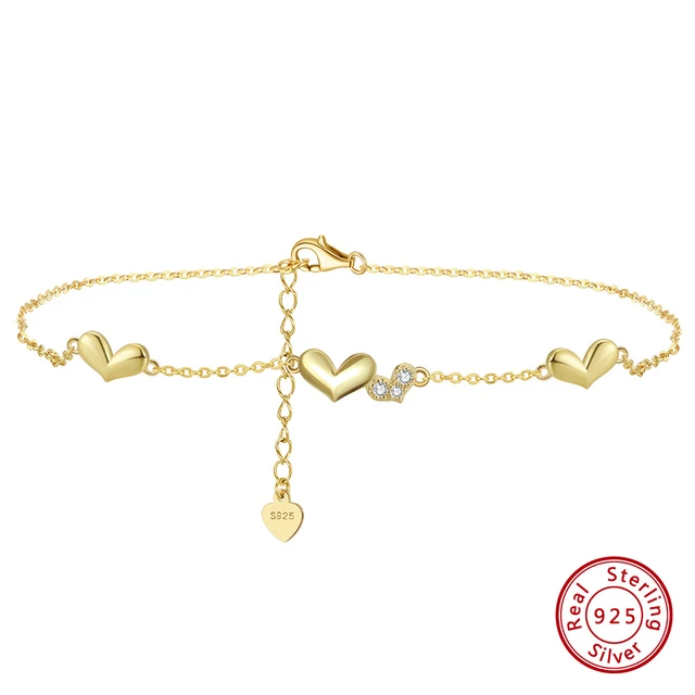 Rinntin Love Heart Chain Anklets for Women 925 Sterling Silver Fashion Summer 14K Gold Foot Bracelet Ankle Straps Jewelry SA30