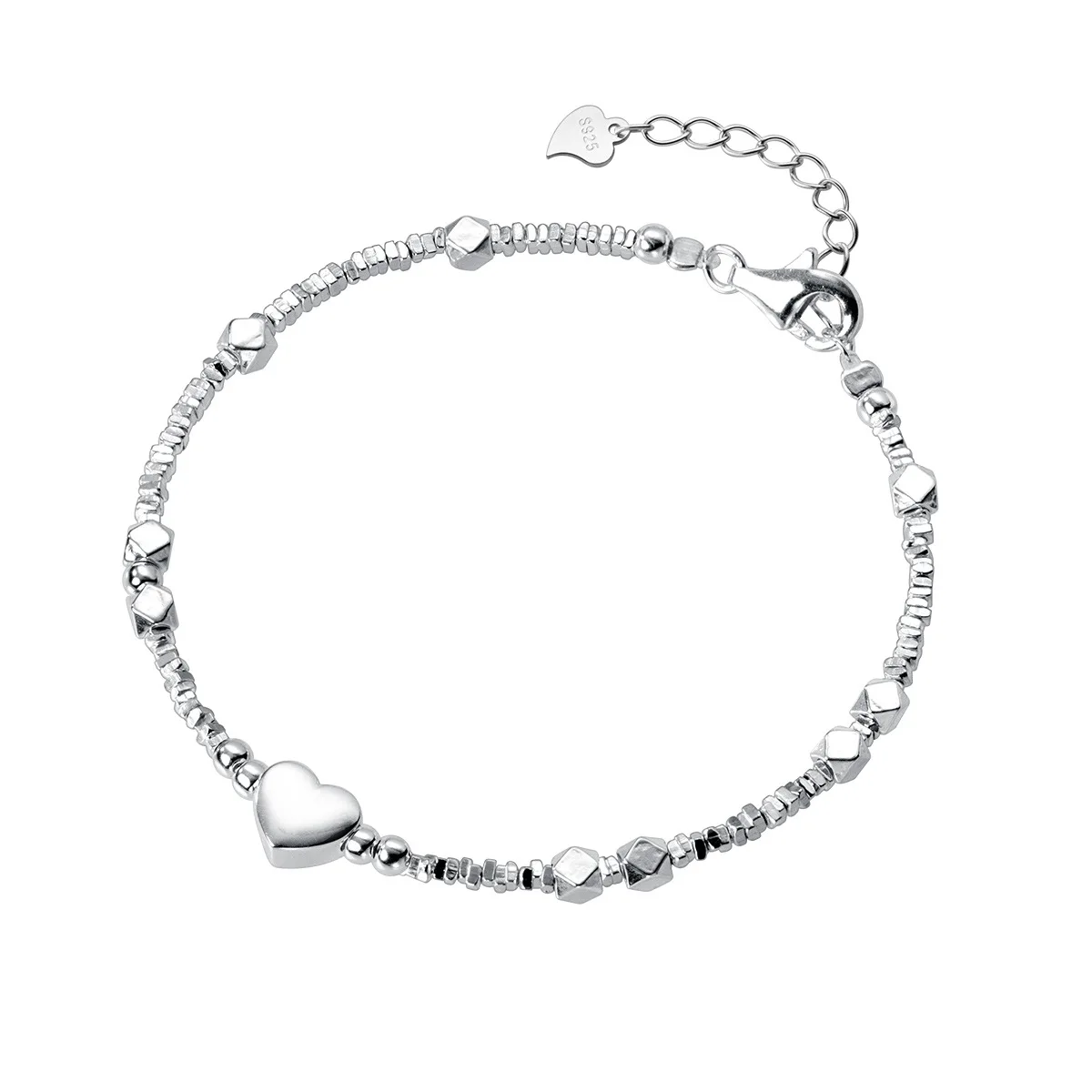19+4cm Irregular Heart Anklet For Women Sweet Romantic Silver 925 ID Card Bead Bracelet Shinny Fine Jewelry