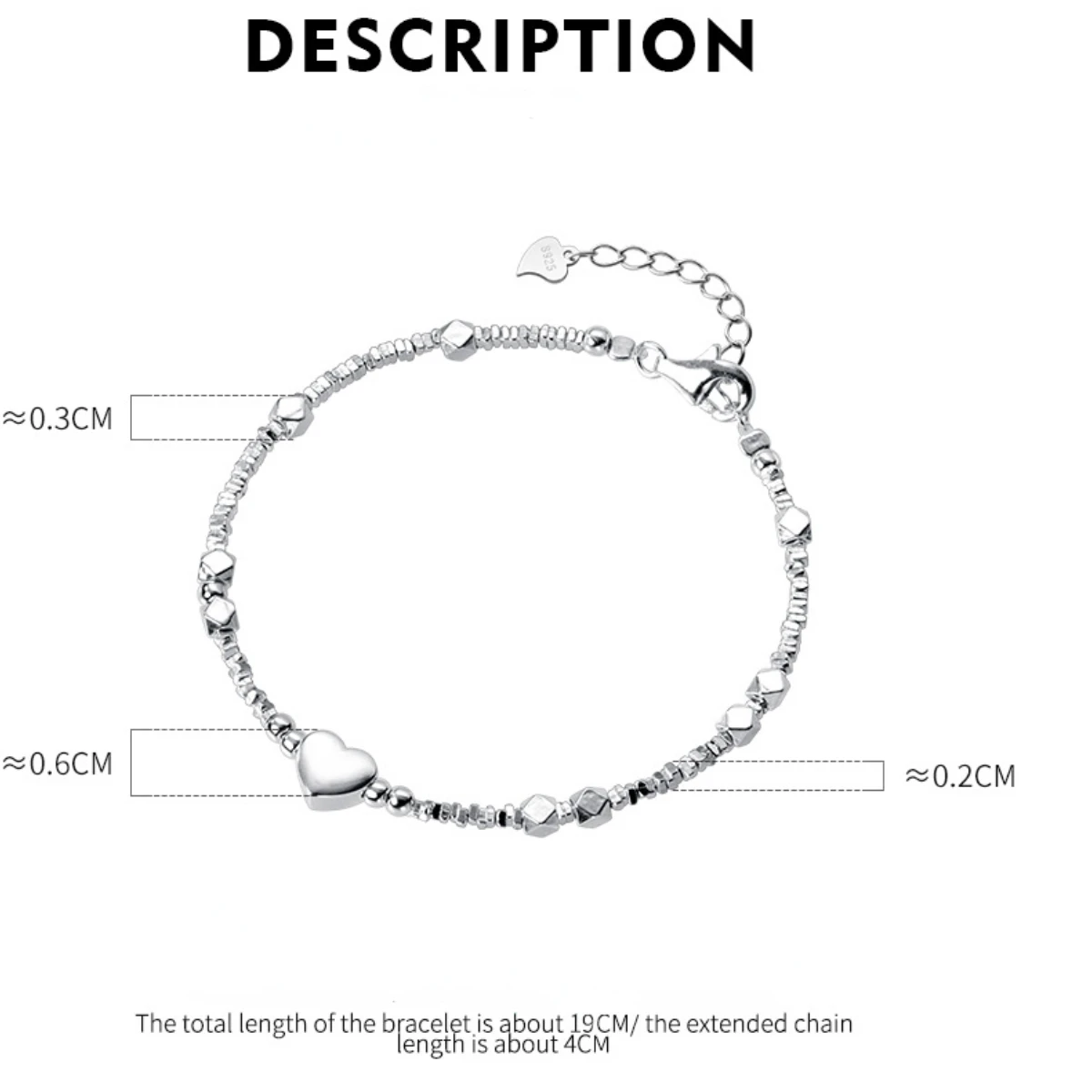 19+4cm Irregular Heart Anklet For Women Sweet Romantic Silver 925 ID Card Bead Bracelet Shinny Fine Jewelry