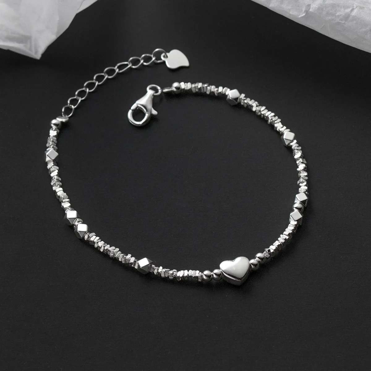 19+4cm Irregular Heart Anklet For Women Sweet Romantic Silver 925 ID Card Bead Bracelet Shinny Fine Jewelry