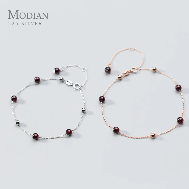 Modian 925 Sterling Silver Red Crystal Little Ball Cute Anklet for Women Fashion Adjustable Anklet Fine Jewelry Accessories