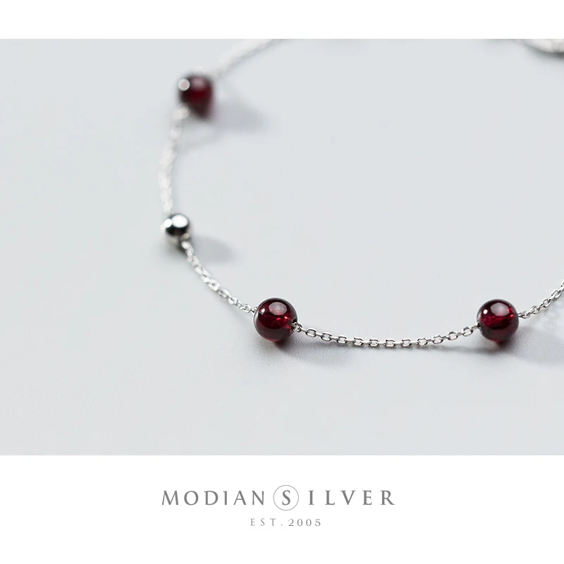 Modian 925 Sterling Silver Red Crystal Little Ball Cute Anklet for Women Fashion Adjustable Anklet Fine Jewelry Accessories