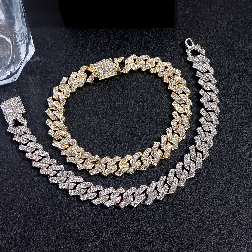 14 MM Iced Out Miami Cuban Link Chain Anklet For Women Gold Silver Color Prong Rhombus Cuban Anklets Bracelet Hip Hop Jewelry