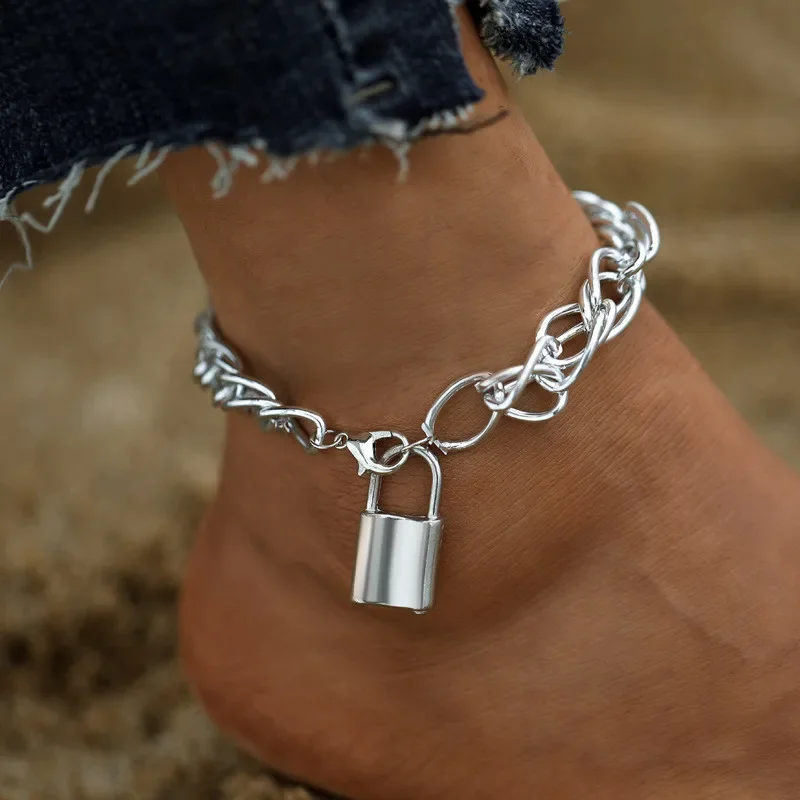 Punk Big Lock Chain Anklets for Women Punk Silver Color Thick Chain Ankle Bracelet Leg Foot Chain Anklets Leg Summer Jewelry
