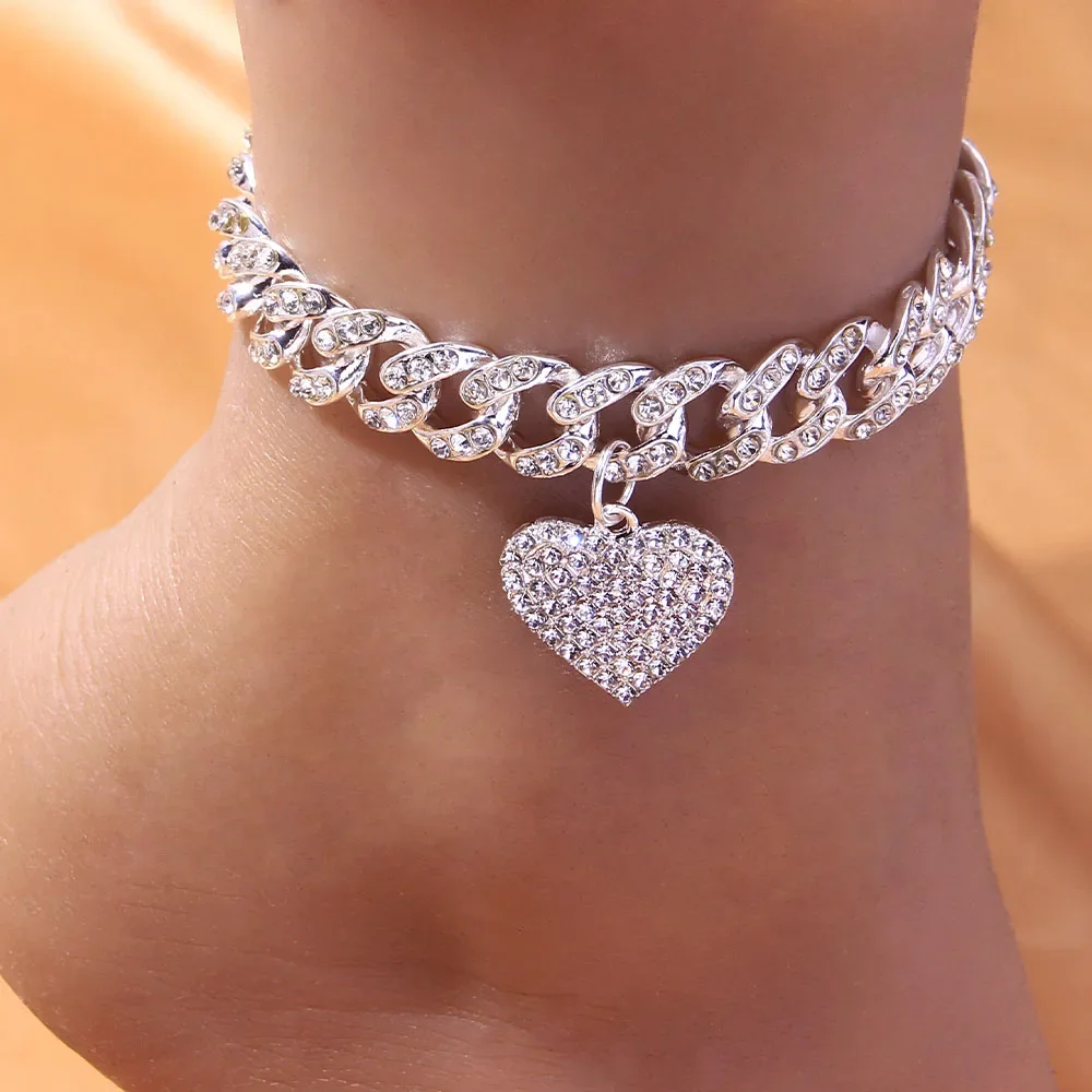 Chunky Miami Cuban Link Chain Anklet Iced Out Bracelet for Women Men Rhinestone Hip Hop Foot Rock Heart Shaped Anklets Wholesal