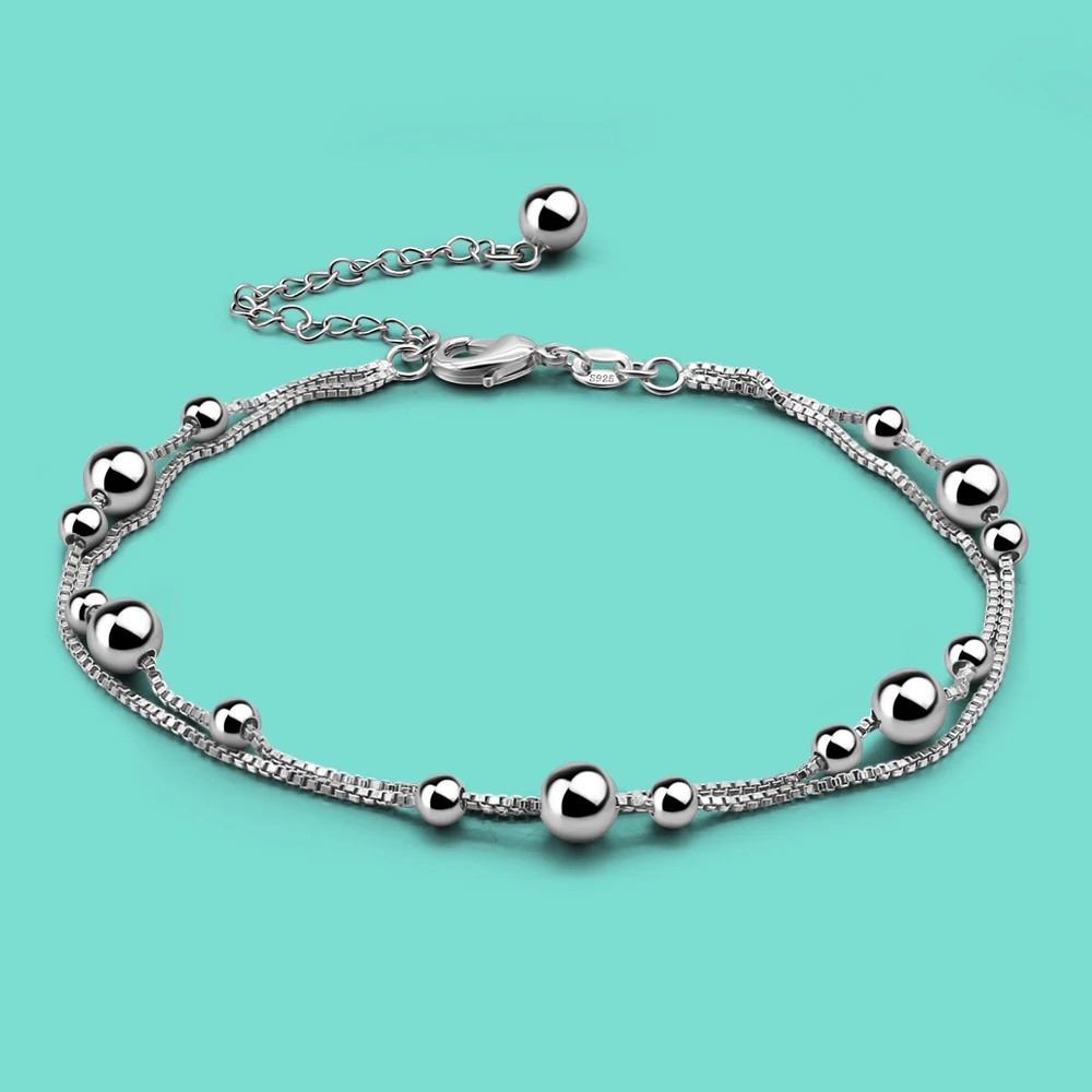 Women's 100% 925 Sterling Silver Anklet Minimalist Bead Box Chain Ankle Bracelet Summer Charm Jewelry Beach Foot AccessoriesProd