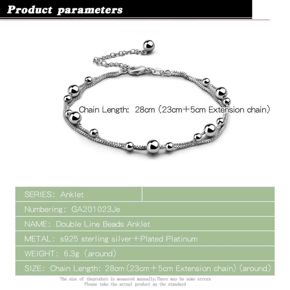 Women's 100% 925 Sterling Silver Anklet Minimalist Bead Box Chain Ankle Bracelet Summer Charm Jewelry Beach Foot AccessoriesProd