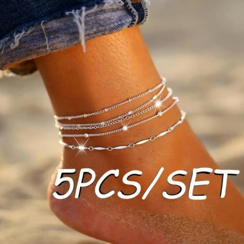 5Pcs/Set Ankle Bracelet Beads Silver Color Elegant Alloy Foot Chain Beads Anklet for Party