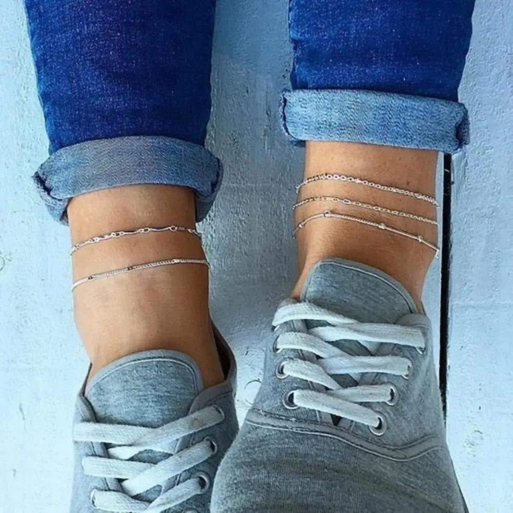 Ladies Ankle Bracelet Beads Silver Color Elegant Alloy Foot Chain 5Pcs/Set Accessories