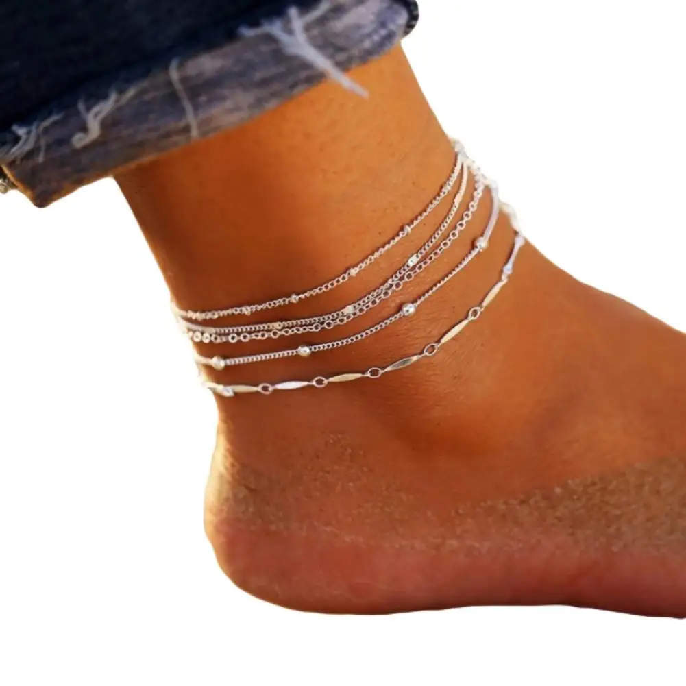 5Pcs/Set Ankle Bracelet Beads Silver Color Elegant Alloy Foot Chain Beads Anklet for Party