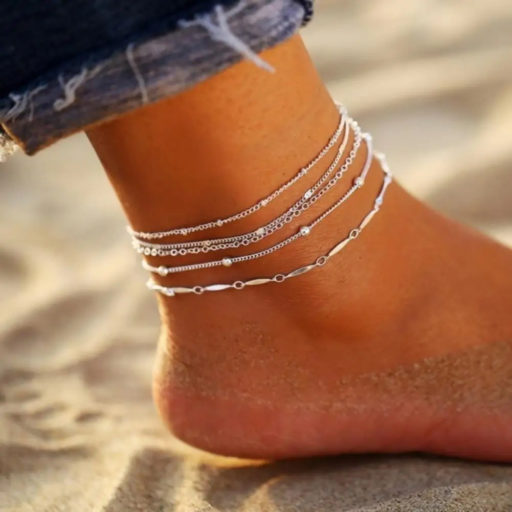 5Pcs/Set Ankle Bracelet Beads Silver Color Elegant Alloy Foot Chain Beads Anklet for Party