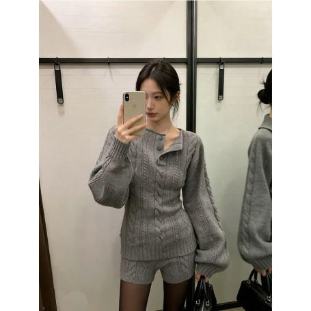 Knitted Lazy Sale Women's Sweater Winter Slim Fit Henry Collar Top And Bot Set Faionable Ensemble Long Sve rou...