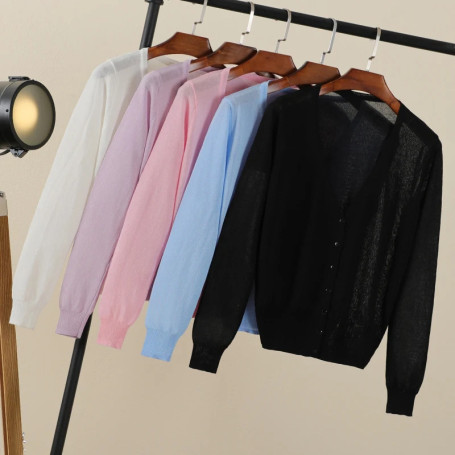 Summer Cardigan Women Cropped Korean Fashion Style Female Black Women's Coat Clothing V-neck Ladies Sweater Outerwear Cute Basic
