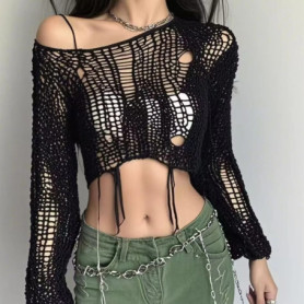 Solid Slash Neck Grunge Knitted Women's Sweater Hole Ripped Pullover Crop Top Harajuku Hollow Out Sexy Summer Jumpers All Match
