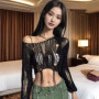 Solid Slash Neck Grunge Knitted Women's Sweater Hole Ripped Pullover Crop Top Harajuku Hollow Out Sexy Summer Jumpers All Match