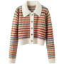 Women's Colorful Striped Knitted Cardigan Short Spring Autumn Vintage Stripe Sweater Fashion Slimming Flip Collar Loose Top