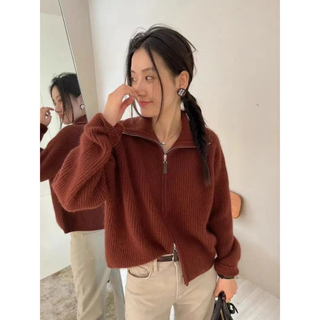 New 2025 high-end autumn and winter knitted women's lapel cashmere wool sweater casual short women's cardigan 100 wool sweater