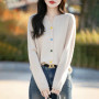 100 Merino wool cardigan women's O-neck loose fashion curling collar button knitted coat fashion spring short joker top