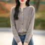 100 Merino wool cardigan women's O-neck loose fashion curling collar button knitted coat fashion spring short joker top