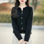 100 Merino wool cardigan women's O-neck loose fashion curling collar button knitted coat fashion spring short joker top
