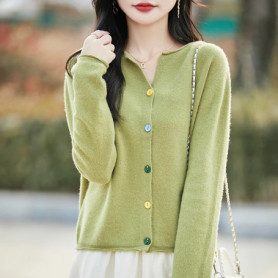 100 Merino wool cardigan women's O-neck loose fashion curling collar button knitted coat fashion spring short joker top