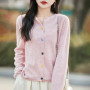 100 Merino wool cardigan women's O-neck loose fashion curling collar button knitted coat fashion spring short joker top