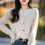 100 Merino wool cardigan women's O-neck loose fashion curling collar button knitted coat fashion spring short joker top