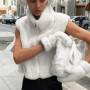 Fur Panel Knit Sleeve Gilet Jacket Quilted Zip-Front Stand Collar 2025 Winter Warm Casual Women Sweater Fashion Cozy Lady Coat