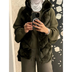 Fur Panel Knit Sleeve Gilet Jacket Quilted Zip-Front Stand Collar 2025 Winter Warm Casual Women Sweater Fashion Cozy Lady Coat