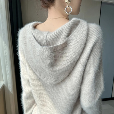 100 mink cashmere sweater women's hooded collar pullover casual loose Large size knitted hoodie autumn winter fashion Korean