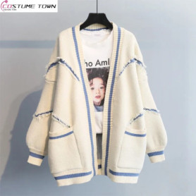 2023 Spring and Autumn New Korean Version Loose English Letter Fashion Thickened Knitted Mid Length Sweater Cardigan Coat