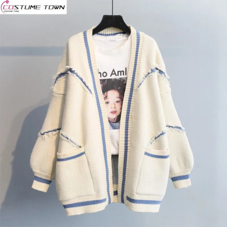 2023 Spring and Autumn New Korean Version Loose English Letter Fashion Thickened Knitted Mid Length Sweater Cardigan Coat