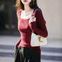 Women 100 Merino Wool U-neck Base Knit Sweater Solid Color Warm Skin Friendly Fashionable Long Sleeved Autumn Winter Top Cloth