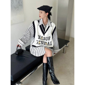Women Striped Knit Sweater Patchwork Layered Look Long Sleeve Vintage Casual Pullover Black White Knit Top Fashion 2026