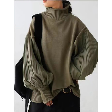 2025 Winter Women Stylish Sweater Turtleneck Patchwork Casual Loose Pullover Lantern Sleeve Ladies' Sweater