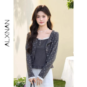 ALXNAN Women's Gray Floral Knitted Cardigan Spring Short Pearl Buttons Long Sleeve Tops Elegant Casual Female Clothing L61626