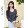 ALXNAN Women's Gray Floral Knitted Cardigan Spring Short Pearl Buttons Long Sleeve Tops Elegant Casual Female Clothing L61626