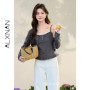 ALXNAN Women's Gray Floral Knitted Cardigan Spring Short Pearl Buttons Long Sleeve Tops Elegant Casual Female Clothing L61626