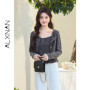 ALXNAN Women's Gray Floral Knitted Cardigan Spring Short Pearl Buttons Long Sleeve Tops Elegant Casual Female Clothing L61626
