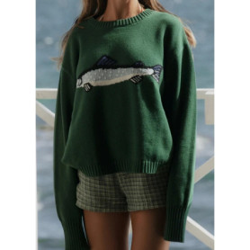 Combhasaki Women Y2K Vintage Ribbed Round Neck Sweater Aesthetic Fish Jacquard Long Sleeve Loose Fit Retro Knitwear Pullover Top