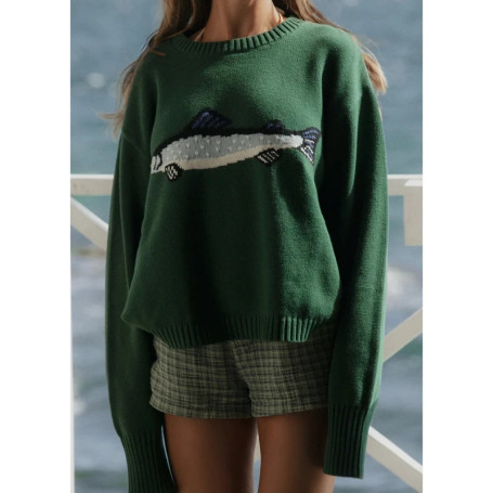Combhasaki Women Y2K Vintage Ribbed Round Neck Sweater Aesthetic Fish Jacquard Long Sleeve Loose Fit Retro Knitwear Pullover Top