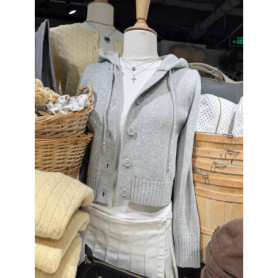 Grey Knitted Cropped Sweater Cardigan Woman Autumn Single Breasted Long Sleeve Drawstring Hooded Slim Crop Top Cotton Sweaters