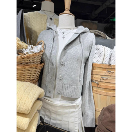 Grey Knitted Cropped Sweater Cardigan Woman Autumn Single Breasted Long Sleeve Drawstring Hooded Slim Crop Top Cotton Sweaters