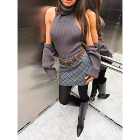 Women's Turtleneck Gray Backless Vest Cape Knitted Sweater Warm Knitwears Sleeveless Vests Slim Pulls Top Pull Fall Clothing New
